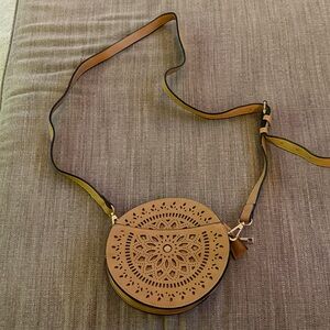 Unique Circular Cut-Out Crossbody Bag in Camel
